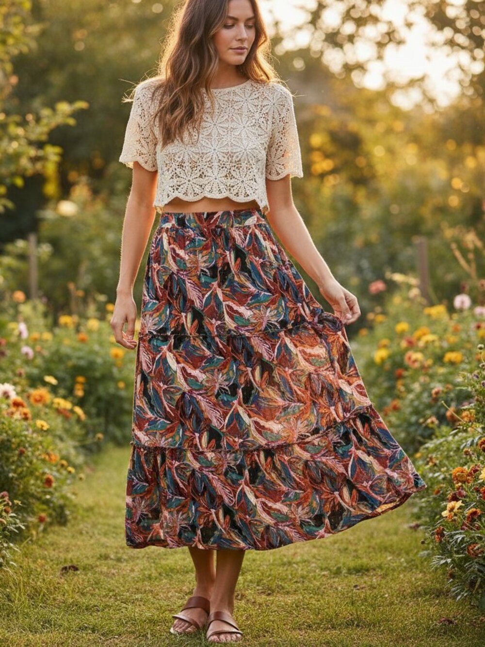 Robert Louis L Midi Skirt Floral Tiered Peasant Festival Prairie Cottage‎ Flowy